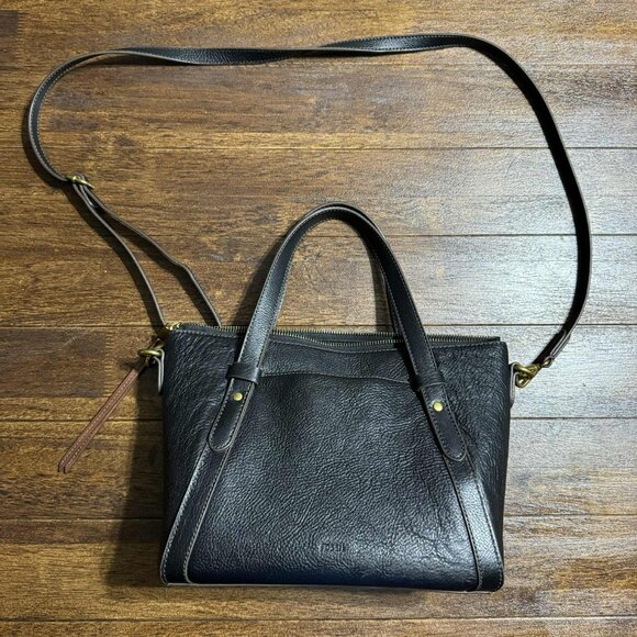 Fossil Avondale Black Leather Satchel Handbag Brass Hardware Excellent - Picture 4 of 16